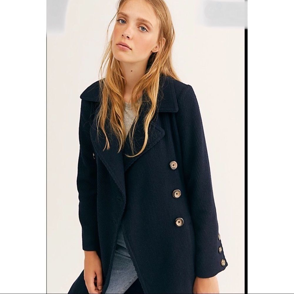 Free People Navy Textured Long Trench Coat - Picture 12 of 13